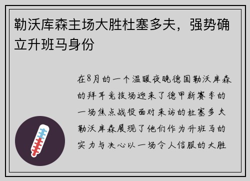 勒沃库森主场大胜杜塞多夫，强势确立升班马身份