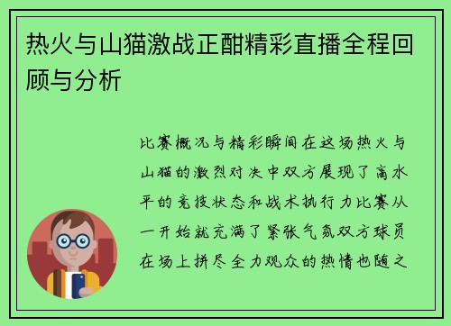 热火与山猫激战正酣精彩直播全程回顾与分析