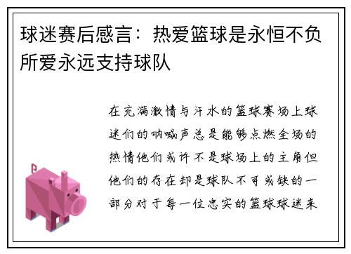 球迷赛后感言：热爱篮球是永恒不负所爱永远支持球队